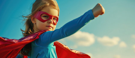 Young Girl Pretends To Be A Powerful Superhero, Unleashing Her Boundless Imagination.の素材
