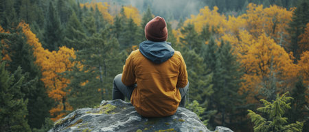 Man Enjoys Scenic View From Forest Lookout Point, Immersed In Nature. Concept Nature Exploration, Forest Lookout, Scenic Views, Outdoor Adventure, Immersed In Nature.の素材