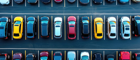 Organized Array Of Cars In An Expansive Parking Area. Ð¡oncept Symphony Orchestra Performance, Beautiful Sunrise Over The Mountains, Dynamic Dance Routine, Adrenaline-Pumping Extreme Sports.の素材