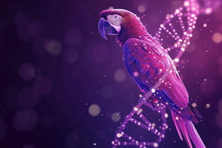 Abstract Parrot Dna Molecules On A Purple Background.の素材