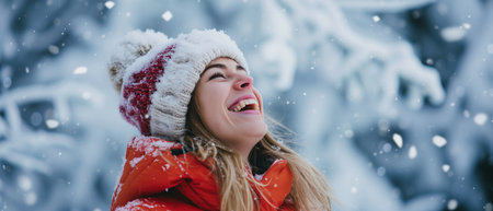 Thrilled Woman's Laughter Resonates In Winter Wonderland. Concept Winter Wonderland, Thrilled Woman, Laughter, Resonates.の素材