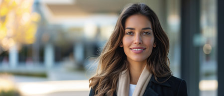 Confident Professional Woman Showcases Success In Front Of Modern Office Building. Ð¡oncept Corporate Power Women, Successful Business Portraits, Modern Office Backdrop.の素材