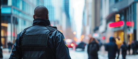 Watchful Security Agent Monitors Bust Downtown For Potential Threats And Disturbances. Concept Downtown Security, Threat Monitoring, Disturbance Detection, Vigilant Agent.の素材