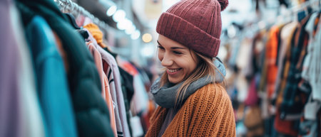 Stylish Woman Browsing Clothes With A Smile, Surrounded By Hanging Garments. Ð¡oncept Fashionable Wardrobe, Trendy Shopping, Stylish Outfits, Fashionista's Delight, Clothing Splurge.の素材