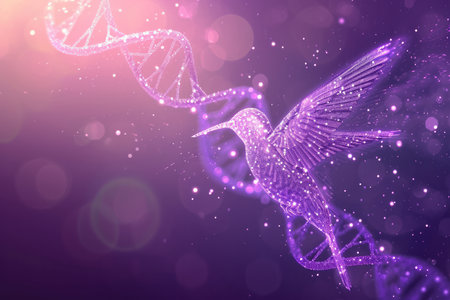 Abstract Bird Dna Molecules On A Purple Background. Concept Nature's Symphony, Floral Delight, Serene Landscapes, Captivating Wildlife, Majestic Waterfalls.の素材
