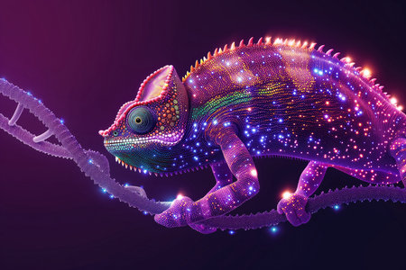 Abstract Chameleon Dna Molecules On A Purple Background. Ð¡oncept Abstract Art, Chameleon, Dna Molecules, Purple Background.の素材