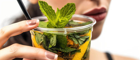 Girl Sipping A Cocktail On White Background. Ð¡oncept Fashionable Summer Outfits, Beachy Vibes, Tropical Drink, Stylish Poses.の素材