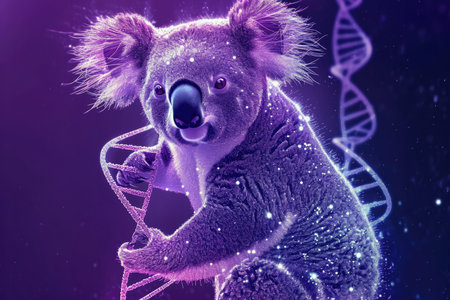 Abstract Koala Dna Molecules On A Purple Background. Ð¡oncept Nature-Inspired Abstract Art, Dna Art, Vibrant Purple Backgrounds, Koala Dna Molecules.の素材