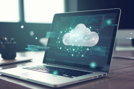 A Laptop Displaying A Visually Engaging Diagram Depicting Cloud Computing. Concept Cloud Computing Diagram, Visual Representation, Engaging Laptop Display, Technology Illustration.の素材