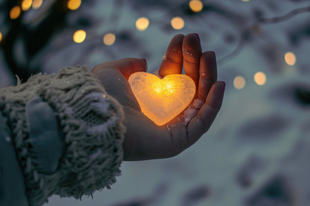 A Childs Outstretched Hand Cradles A Shining Heart In A Wintry Night. Concept Winter Wonderland, Heartwarming Moment, Love In The Cold, Cherished Memories, Magical Winter Nights.の素材