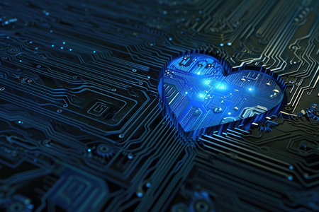 The Powerful Symbol Of A Blue Heart-Shaped Cpu Representing The Strength Of Love. Ð¡oncept Blue Heart-Shaped CPU, Symbol Of Love, Strength Of Love, Technology And Emotions, Unique Representation.の素材