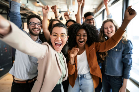 Closeup Of An Enthusiasticiverse Group Of Colleagues Celebrating A Successful Meeting. Concept Successful Teamwork, Celebratory Moments, Workplace Collaboration, Professional Achievements.の素材