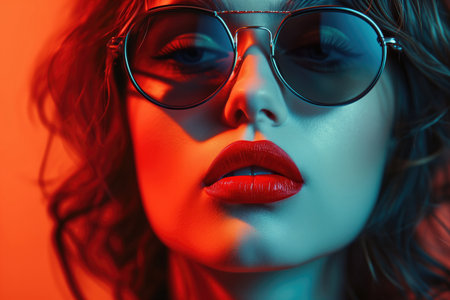 Fashion-Forward Woman Embracing The Future With Confidence In Stylish Sunglasses And Bold Lipstick. Concept Bold Lipstick Trend, Fashion-Forward Sunglasses, Embracing The Future, Confident Style.の素材