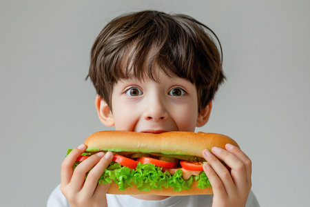 Surprise Boy Eats Sandwich In On White Background Minimal Style High Stock Style. Ð¡oncept Minimalist Food Photography, High Contrast Images, Surprise Element, White Background, Stock-Style Shots.の素材