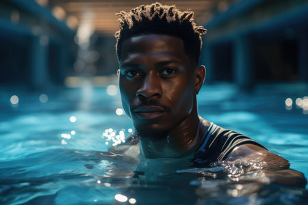 A Cinematic Accentuation Of Global Lighting: The Blue Bodyboard Pool Mm Featuring A Black Man. Ð¡oncept Abstract Art, Unique Composition, Cultural Representation, Water Sports, Creative Lighting.の素材