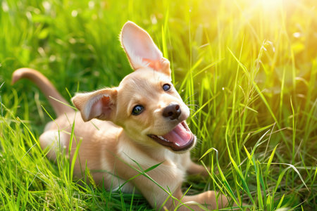 Joyful Puppy Embraces The Sunshine Frolicking In Grass With Attentive Ears. Ð¡oncept Cute Animal Portraits, Sun-Kissed Pet Photography, Joyful Moments With Pets, Playful Puppies, Outdoor Pet Photoshoot.の素材