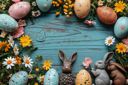 Topdown View Of Festive Easter Elements Like Eggs Bunny Figurines And Flowers. Concept Easter Egg Hunt, Festive Bunny Decor, Spring Floral Arrangements, Vibrant Easter Eggs.の素材