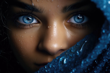 Blue Eyes Portrait Of A Lemons With Rain Nature In The Background Black Backgroundramatic Lighting. Concept Nature Macro Photography, Summer Landscapes, Adventure Travel, Dramatic Portraits.の素材