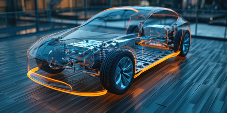 Cuttingedge Ecofriendly Technology Batterypowered Ev With Renewable Energy And Lithium Innovation. Ð¡oncept Eco-Friendly Electric Vehicles, Renewable Energy Technology, Lithium Battery Innovation.の素材