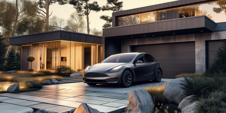 Highend Electric Car Parked By Sleek Villa Epitomizing Modern Luxury Living. Ð¡oncept Fashionable Summer Outfits, Elegant Beach Attire, Stylish Resort Wear, Trendy Swimwear.の素材