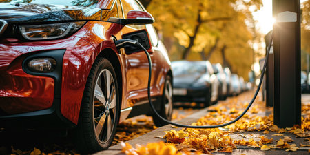Convenient Electric Car Charging Stations To Power Up Vehicles In Parks. Concept Eco-Friendly Transportation, Sustainable Energy, Electric Vehicle Infrastructure, Green Parks.の素材