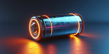 Symbolic Representation Of A Fully Charged Battery Representing Electrical Energy And Power Source, Artistic Digital Illustration.の素材