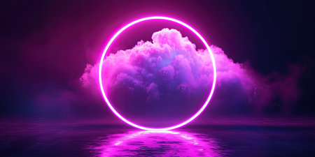 Cloud Illuminated With Neon Purple Light Ring On Dark Round Frame. Ð¡oncept Night Sky With Milky Way, Sunset Over The Ocean, Forest In Autumn, City Skyline At Dusk.の素材