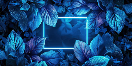 Illuminated Leaves: Neon Indigo Light In Dark Square Frame. Concept Autumn Glow: Capturing The Essence Of Golden Foliage, Nature's Palette: Vibrant Hues In Fall.の素材