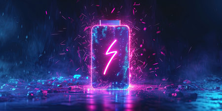 Lithium Ion Battery With A Lightning Bolt Icon, Fireworks Illuminated With Neon Indigo Light Battery Shape On Dark Battery Shape.の素材