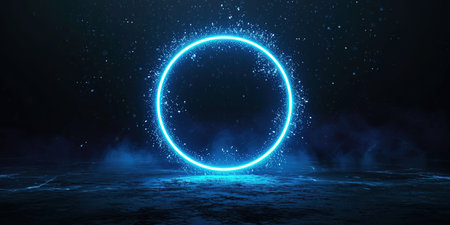 Fireworks Illuminated With Neon Blue Light Ring On Dark Round Frame. Concept Night Sky Photography, Neon Light Effects, Firework Captures, Dark Frame Composition.の素材