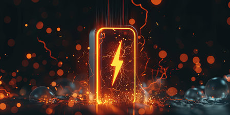 Lithium Ion Battery With A Lightning Bolt Icon, Balloons Illuminated With Neon Orange Light Battery Shape On Dark Battery Shape.の素材