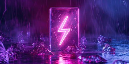 Lithium Ion Battery With A Lightning Bolt Icon, Ice Illuminated With Neon Violet Light Battery Shape On Dark Battery Shape.の素材