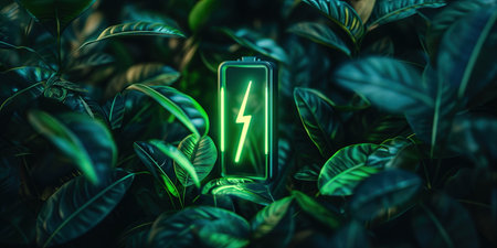 Lithium Ion Battery With A Lightning Bolt Icon, Leaves Illuminated With Neon Green Light Battery Shape On Dark Battery Shape.の素材