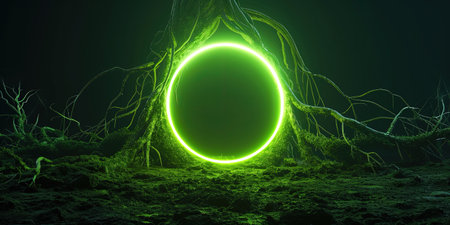 Roots Illuminated With Neon Green Light Ring On Dark Round Frame. Concept Neon-Lit Roots, Dark Frame, Green Light, Illuminated Roots.の素材