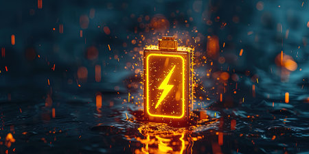 Lithium Ion Battery With A Lightning Bolt Icon, Water Illuminated With Neon Yellow Light Battery Shape On Dark Battery Shape.の素材