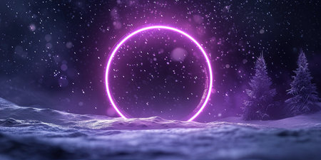 Snow Illuminated With Neon Purple Light Ring On Dark Round Frame. Concept Nighttime Winter Landscapes, Neon Light Photography, Creative Light Effects.の素材