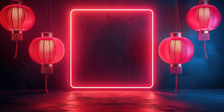 Lanterns Illuminated With Neon Red Light Square On Dark Square Frame. Concept Neon Lanterns, Illuminated Decor, Red Light Square, Dark Square Frame.の素材
