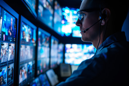 A Vigilant Security Worker Monitoring A Video Surveillance System For Utmost Protection. Concept Video Surveillance System, Security Worker, Utmost Protection, Vigilant Monitoring.の素材