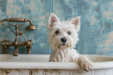 A Charming West Highland White Terrier, Pristine And Ready For Affection. Concept Pet Grooming, Cute Dog Haircuts, Diy Pet Spa, Puppy Pampering, Doggie Dental Care.の素材