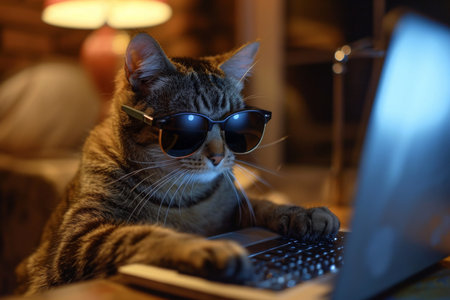 Amusing Feline Sporting Shades, Typing Away On Laptop Under Hackerinspired Atmosphere. Concept Cat Fashion, Geeky Cats, Hacker Cats, Feline Laptop, Stylish Shades.の素材