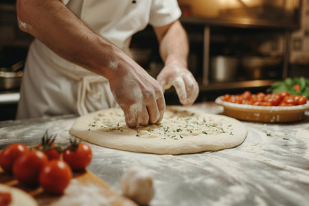 Chef Kneading Dough For An Authentic Pizza In A Pizzeria Kitchen.の素材