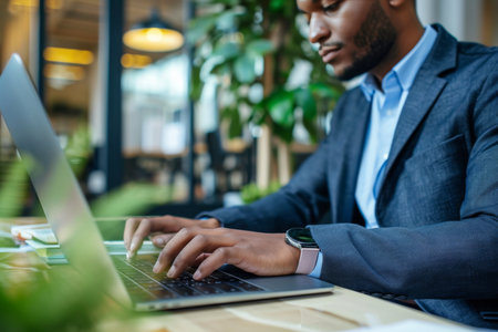 Businessman Multitasking On Laptop, Engaged In Email, Online Project, And Research Standard. Concept Deadline Management, Virtual Meetings, Time Efficiency, Work-Life Balance, Workplace Productivity.の素材