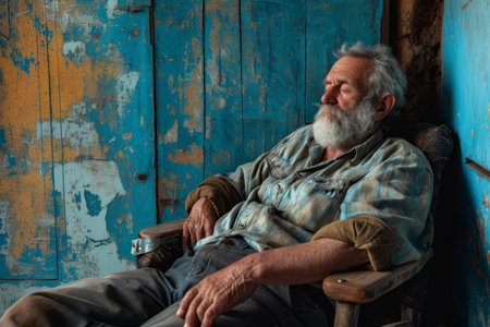 Annoyed Man Seeks Tranquility While Neighbors Make Loud Repairs Thin Walls. Concept Meditation Techniques, Calming Music, Soundproofing Tips, Finding Inner Peace, Dealing With Noisy Neighbors.の素材