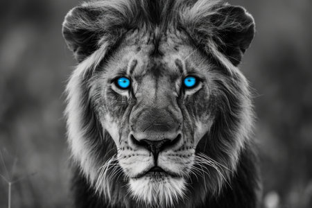 Enthralling Black And White Portrait Of Lion With Hypnotic Blue Eyes. Concept Macro Photography, Captivating Nature Landscapes, Creative Light Painting, Street Photography, Fine Art Portraits.の素材