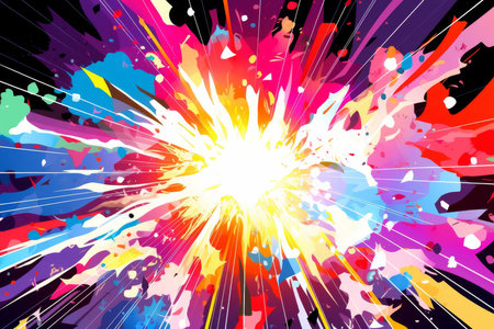Colorful Cartoon Explosion With Mangastyle Graphics And Sunburst Effect Dynamic Graphic Art. Concept Galactic Space Exploration, Enchanting Forest Landscapes, Urban Street Art, Serene Beach Sunsets.の素材