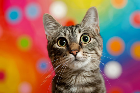 Amusing Feline Delightful Cat With Wideeyed Astonishment Against A Vibrant Backdrop.の素材