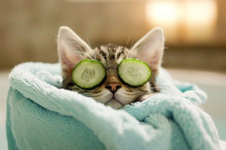 A Delightful Day At The Spa: A Purrfect Treat For A Pampered Kitten. Concept Relaxation, Spa Treatments, Cat-Friendly Services, Pawsome Pampering, Feline Bliss.の素材