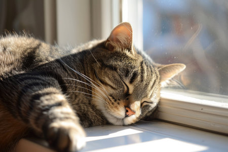 Contented Cat Naps Lazily, Basking In Sunlit Windowsill Pure Feline Bliss. Concept Cozy Indoor Retreat, Sunlit Windowsill, Contented Cat Naps, Pure Feline Bliss.の素材