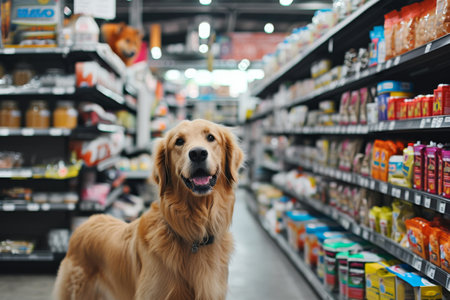 Cheerful Dog Explores A Pet Supermarket With A Plethora Of Items. Concept Adorable Pet Moments, Shopping With Pets, Exploring Pet Stores, Funny Animal Encounters, Pet Supermarket Adventures.の素材