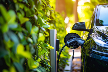 An Ecofriendly Electric Car Charges At A Station Surrounded By Lush Greenery. Concept Ecofriendly Cars, Electric Vehicles, Charging Stations, Green Transportation, Sustainable Energy.の素材